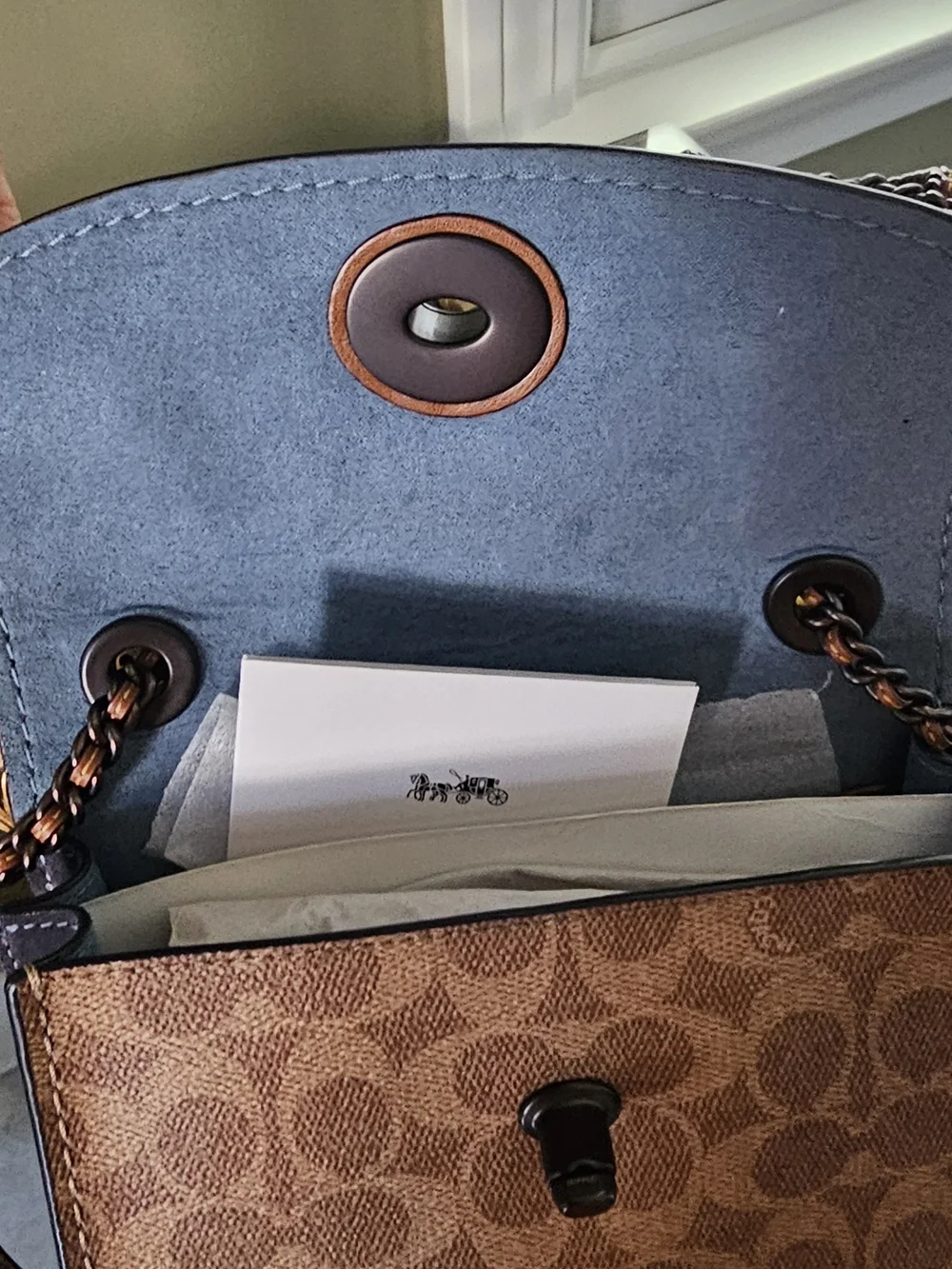 Coach Blue Leather Flap Signature Canvas Crossbody with Floral Turnlock